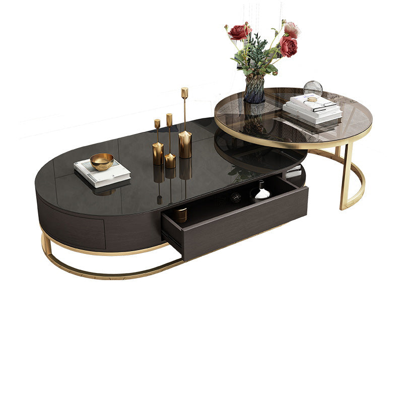 Frame Oval Coffee Table Glam Nesting Coffee Table Set with Drawer
