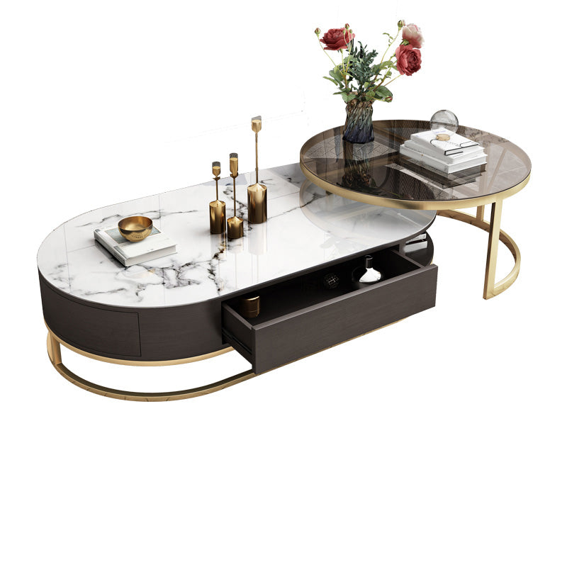 Frame Oval Coffee Table Glam Nesting Coffee Table Set with Drawer
