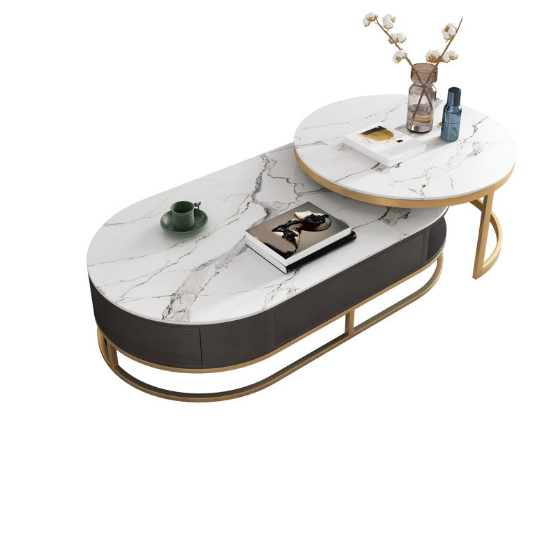 Frame Oval Coffee Table Glam Nesting Coffee Table Set with Drawer