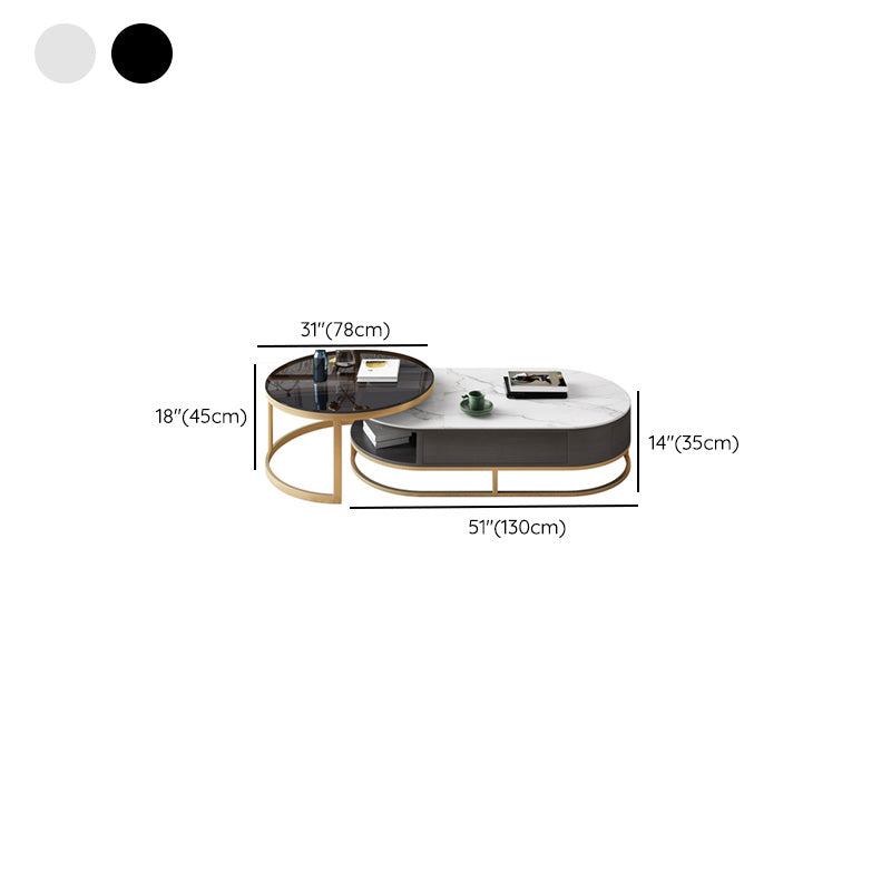 Frame Oval Coffee Table Glam Nesting Coffee Table Set with Drawer
