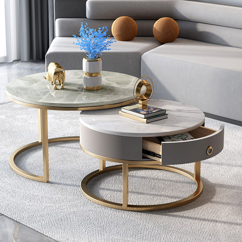 Slate Round Frame Coffee Table Modern Nesting Coffee Table Set with Drawer