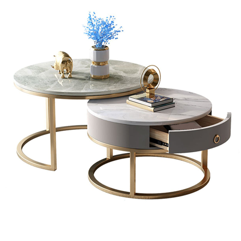 Slate Round Frame Coffee Table Modern Nesting Coffee Table Set with Drawer