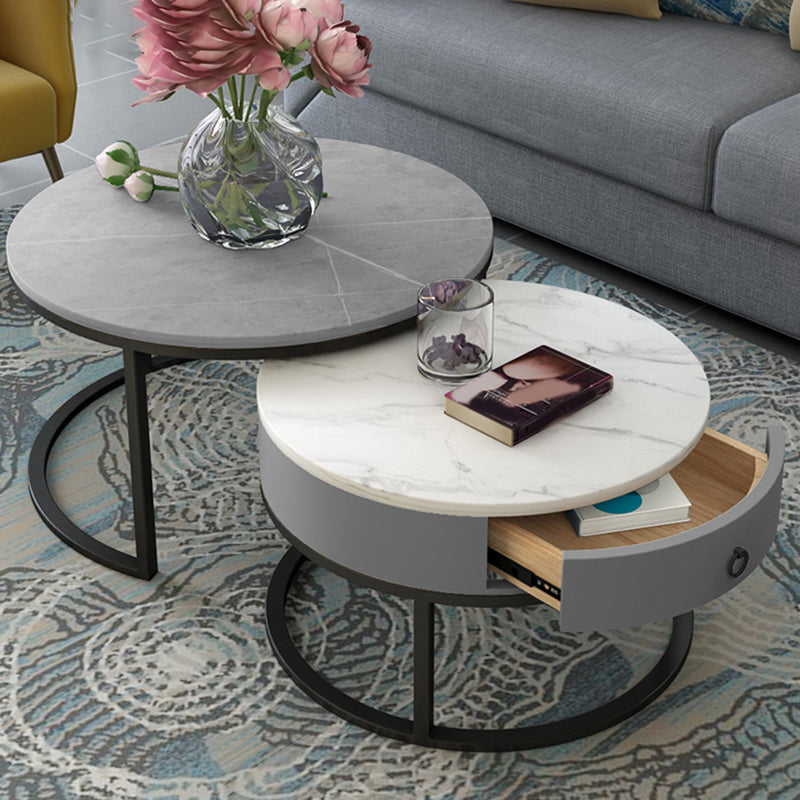 Slate Round Frame Coffee Table Modern Nesting Coffee Table Set with Drawer