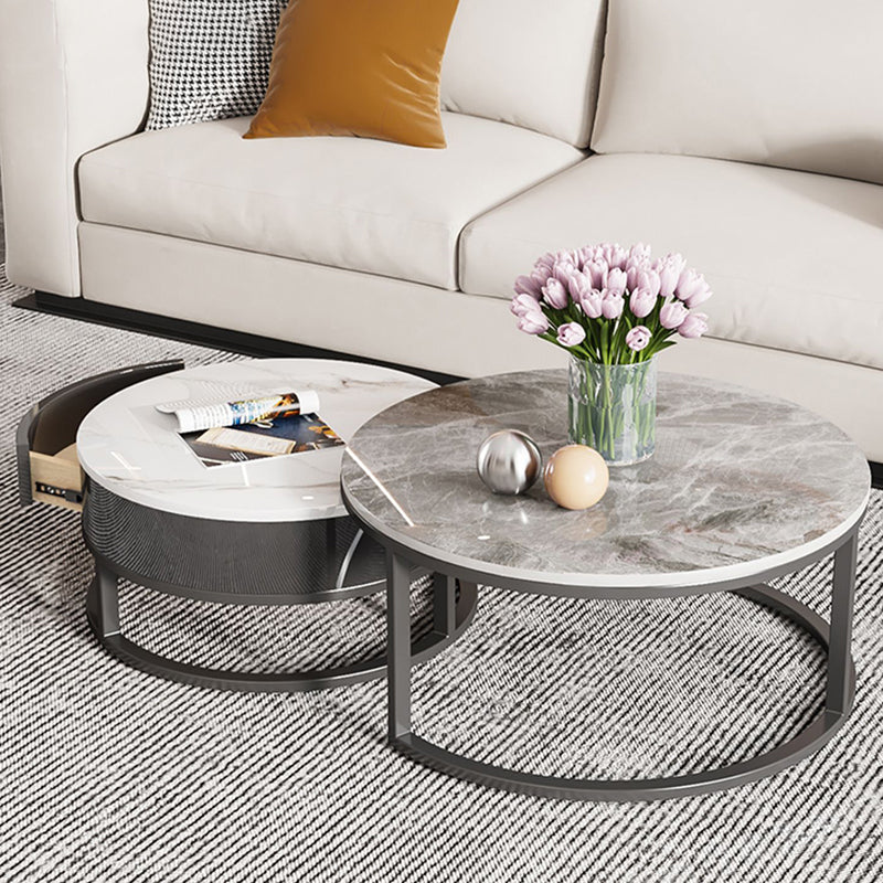 Slate Round Frame Coffee Table Modern Nesting Coffee Table Set with Drawer