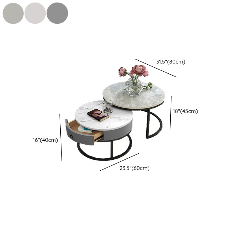 Slate Round Frame Coffee Table Modern Nesting Coffee Table Set with Drawer
