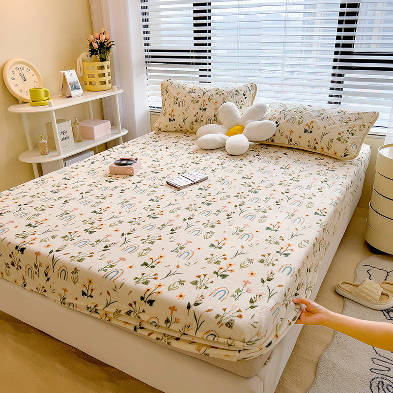 Fancy Fitted Sheet Floral Printed Fade Resistant Non-Pilling Flannel Fitted Sheet