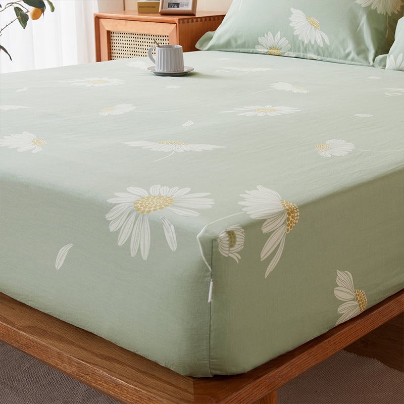 Trendy Fitted Sheet Floral Printed Breathable Cotton Non-Pilling Fitted Sheet