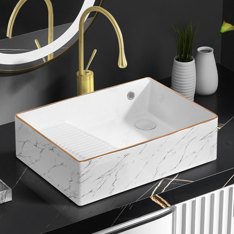 Traditional Vessel Bathroom Sink Rectangular Porcelain with Pop-Up Drain Vessel