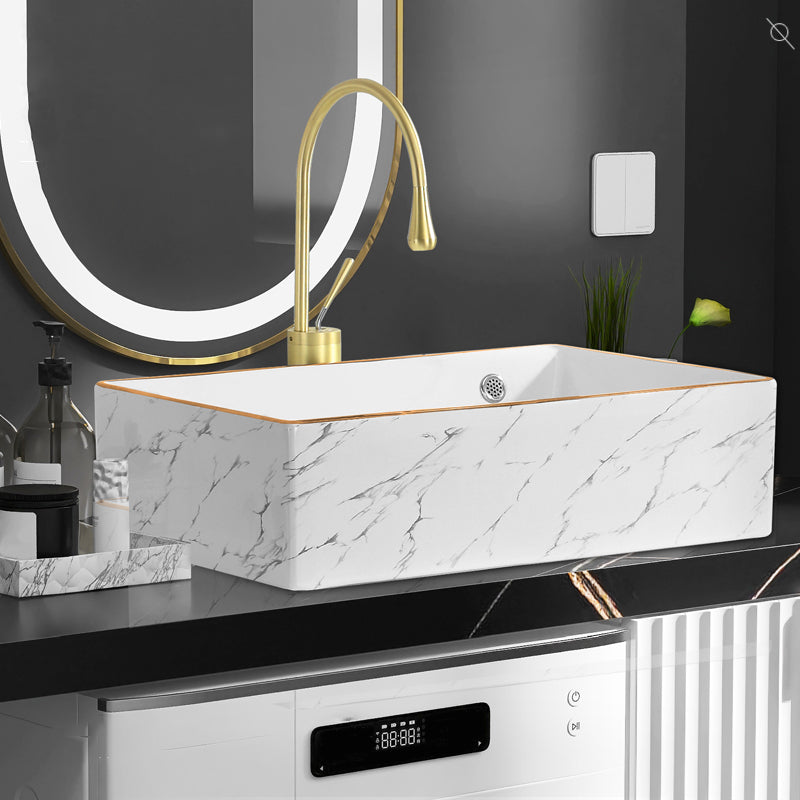 Traditional Vessel Bathroom Sink Rectangular Porcelain with Pop-Up Drain Vessel