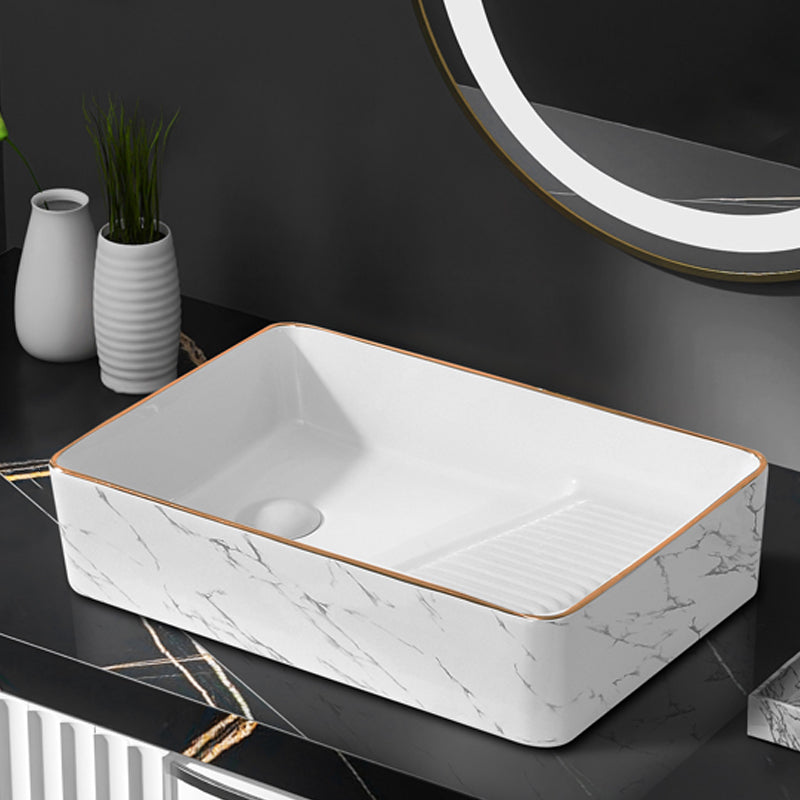 Traditional Vessel Bathroom Sink Rectangular Porcelain with Pop-Up Drain Vessel