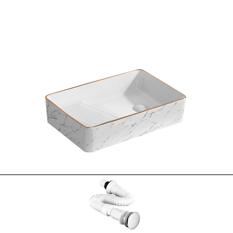 Traditional Vessel Bathroom Sink Rectangular Porcelain with Pop-Up Drain Vessel