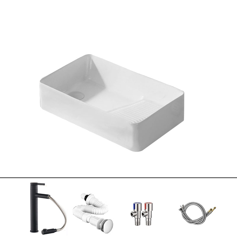 Traditional Vessel Bathroom Sink Rectangular Porcelain with Pop-Up Drain Vessel