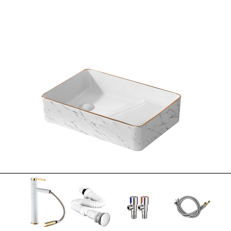 Traditional Vessel Bathroom Sink Rectangular Porcelain with Pop-Up Drain Vessel