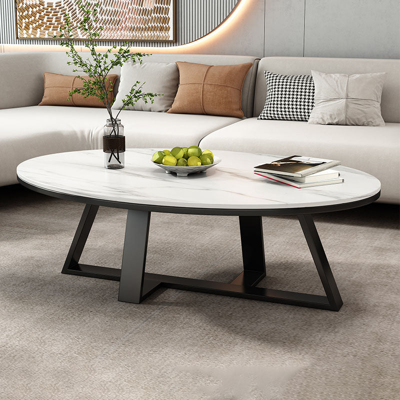 Metal Cross Legs Cocktail Table Luxurious Oval Stone Top Coffee Table
