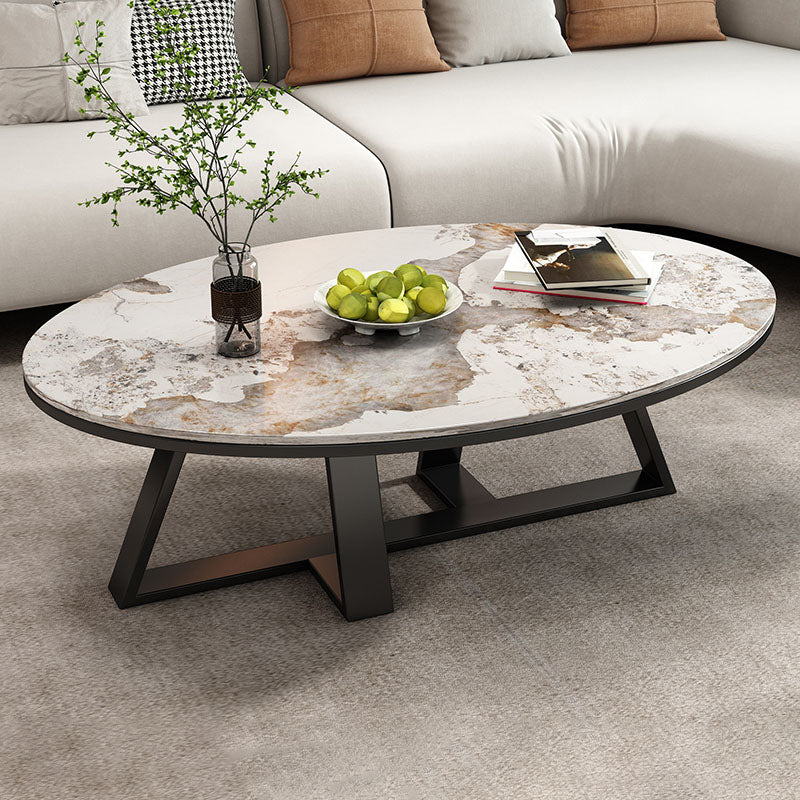 Metal Cross Legs Cocktail Table Luxurious Oval Stone Top Coffee Table