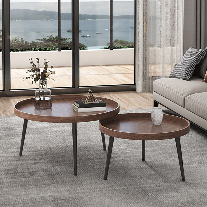 Tray Top Solid Wood Coffee Table Round Single Cocktail Table in Brown