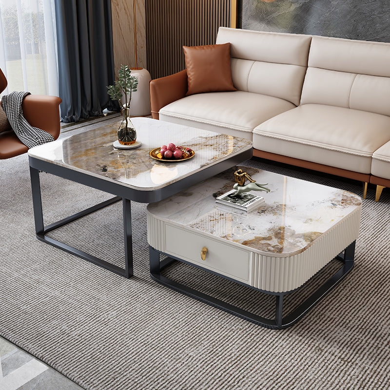 Slate Coffee Table Glam Frame Nesting Coffee Table Set with Drawer