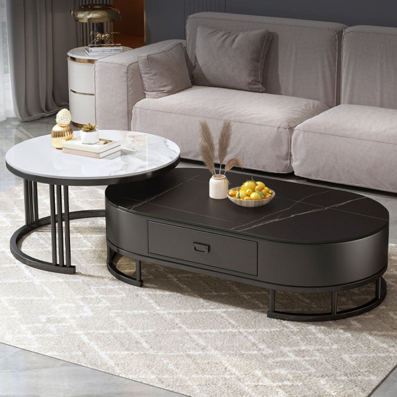 Glam Coffee Table Oval Nesting Nesting Coffee Table with Drawer Slate Cocktail Table