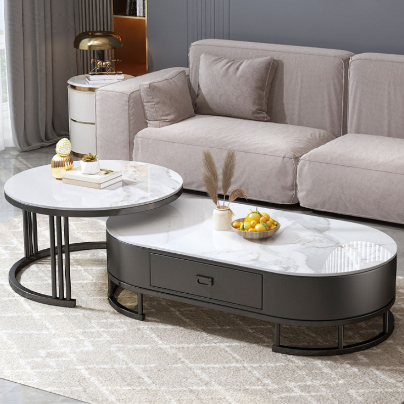 Glam Coffee Table Oval Nesting Nesting Coffee Table with Drawer Slate Cocktail Table