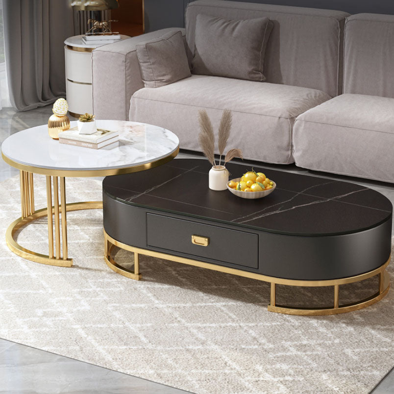Glam Coffee Table Oval Nesting Nesting Coffee Table with Drawer Slate Cocktail Table