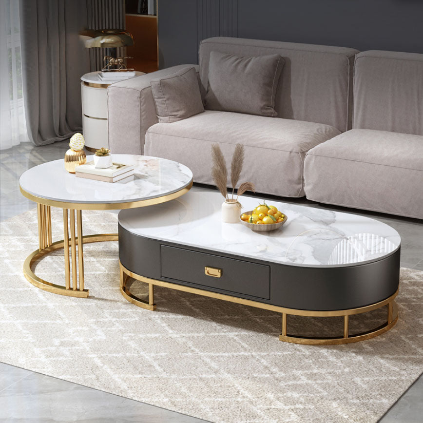 Glam Coffee Table Oval Nesting Nesting Coffee Table with Drawer Slate Cocktail Table