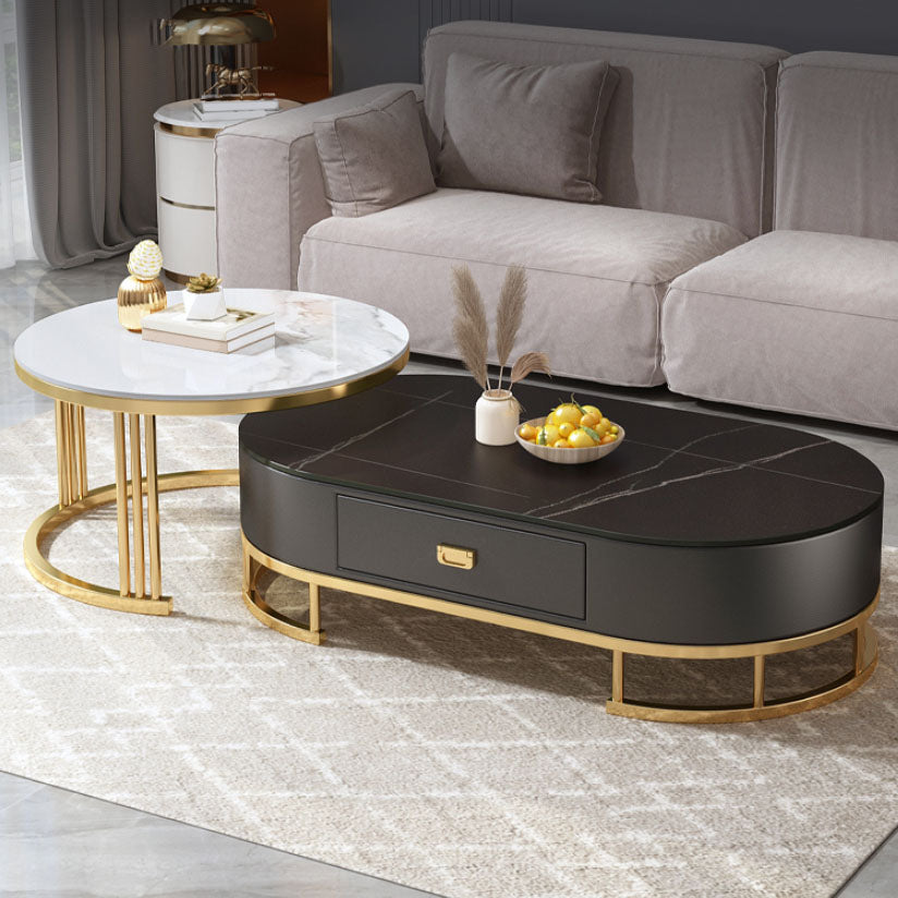 Glam Coffee Table Oval Nesting Nesting Coffee Table with Drawer Slate Cocktail Table