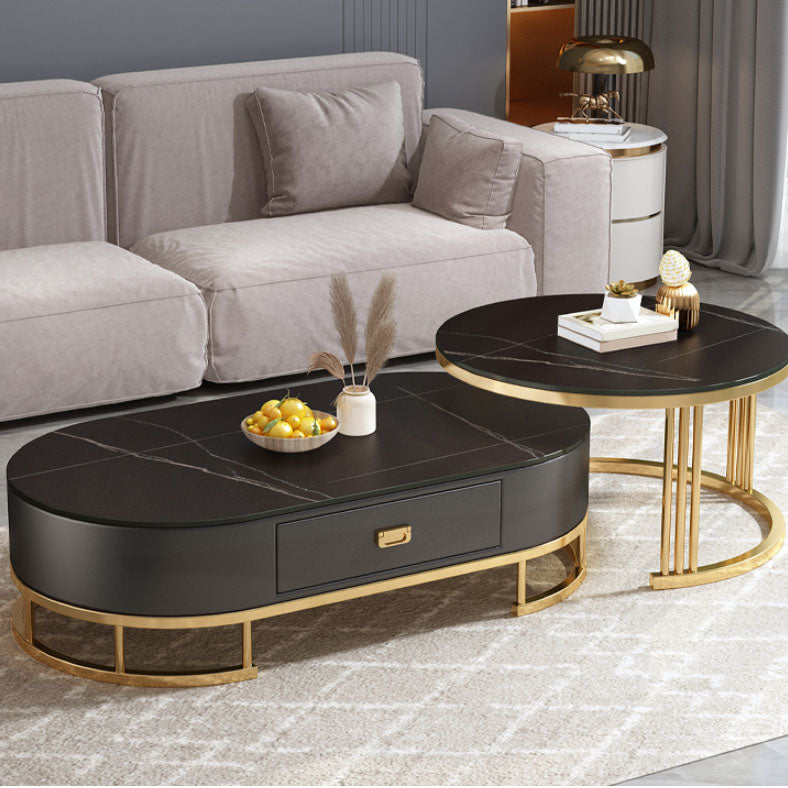 Glam Coffee Table Oval Nesting Nesting Coffee Table with Drawer Slate Cocktail Table