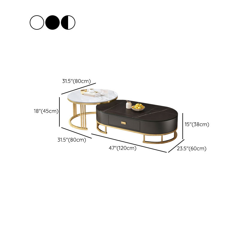 Glam Coffee Table Oval Nesting Nesting Coffee Table with Drawer Slate Cocktail Table