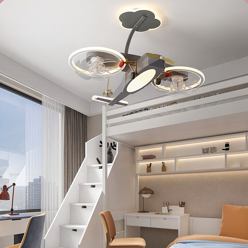 Kids LED Ceiling Fan Lamp Airplane Metal Fan Lighting in Grey for Bedroom