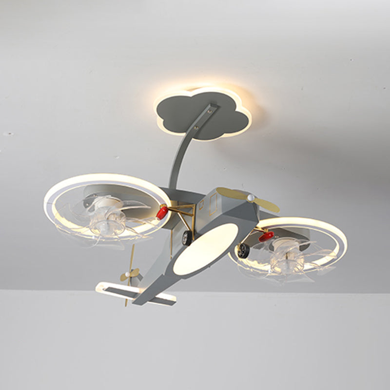Kids LED Ceiling Fan Lamp Airplane Metal Fan Lighting in Grey for Bedroom