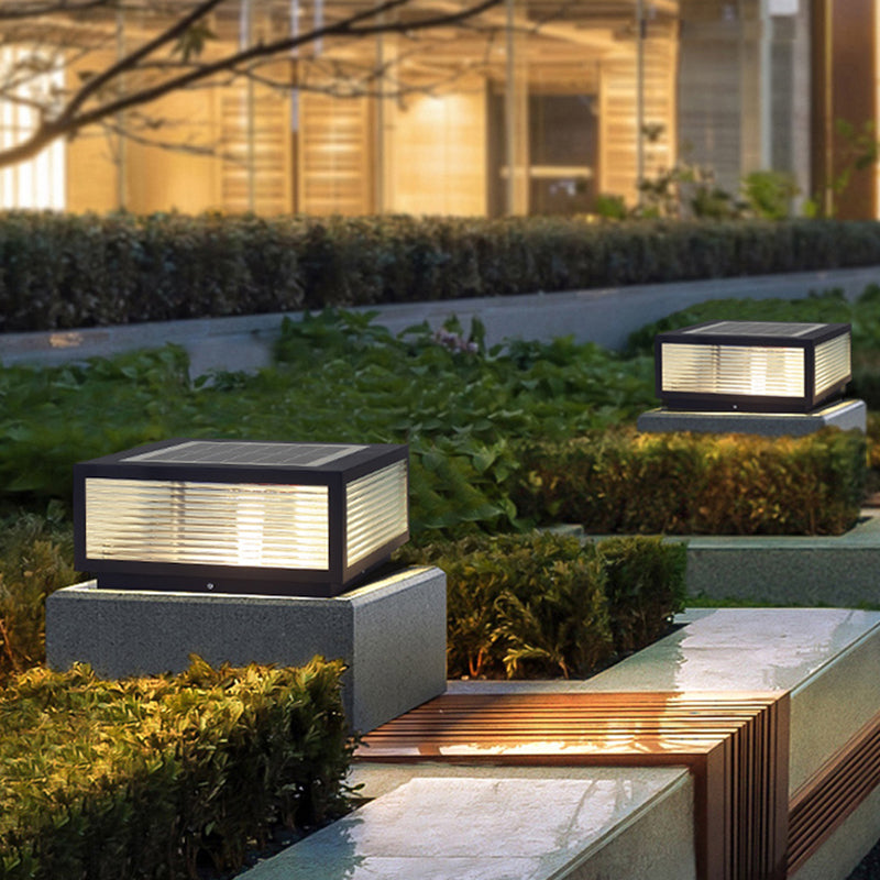 Rectangular Shape Metal Solar Pillar Lamp Modern 1 Light Outdoor Lights in Black
