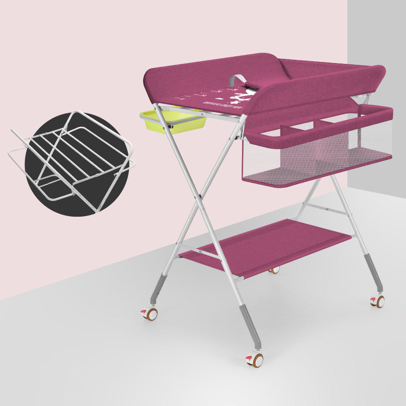 Grey Metal Changing Table with Basket, Portable Changing Table