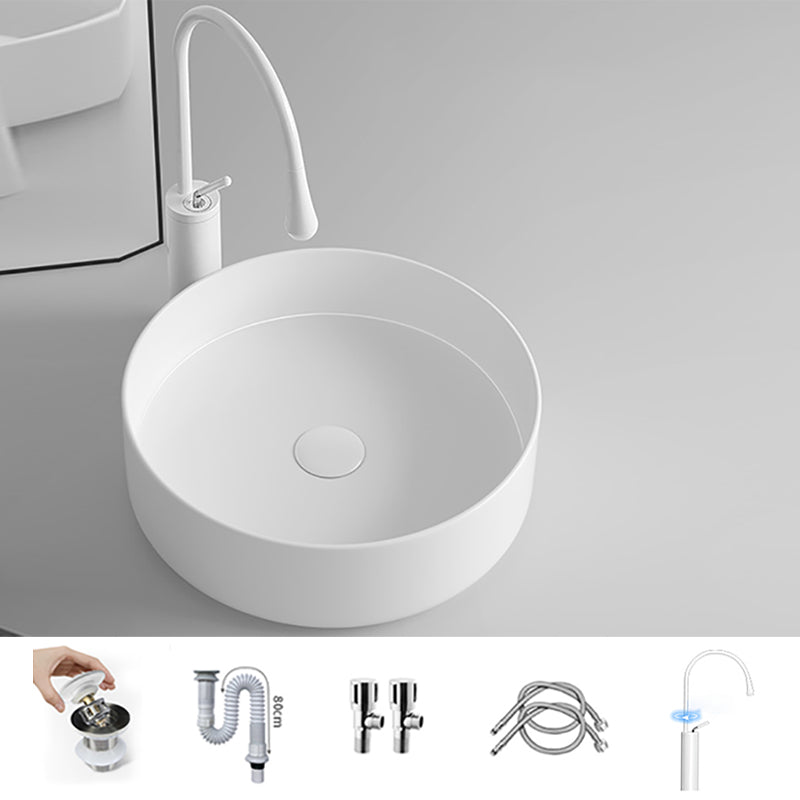 Round Porcelain Bathroom Sink with Shut-Off Valve Vessel Sink