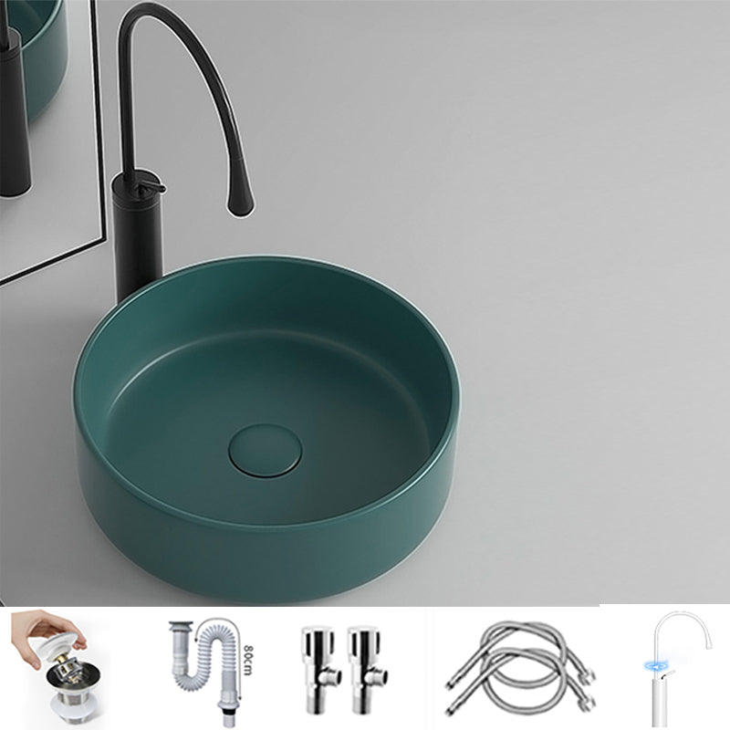 Round Porcelain Bathroom Sink with Shut-Off Valve Vessel Sink