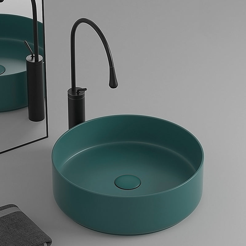 Round Porcelain Bathroom Sink with Shut-Off Valve Vessel Sink
