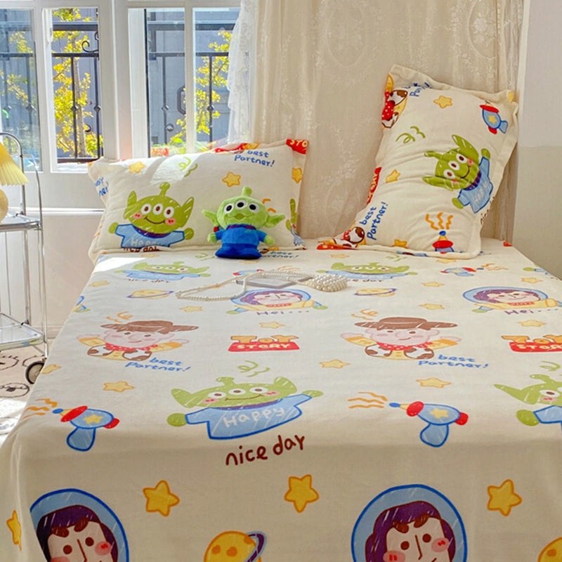 Cartoon Print Bed Sheet Set Flannel Super Soft Modern Pillowcase