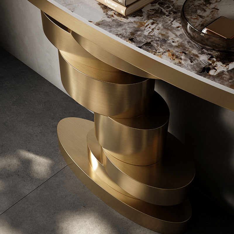 Glam Oval Console Table Golden Stone Console Sofa Table for Hall
