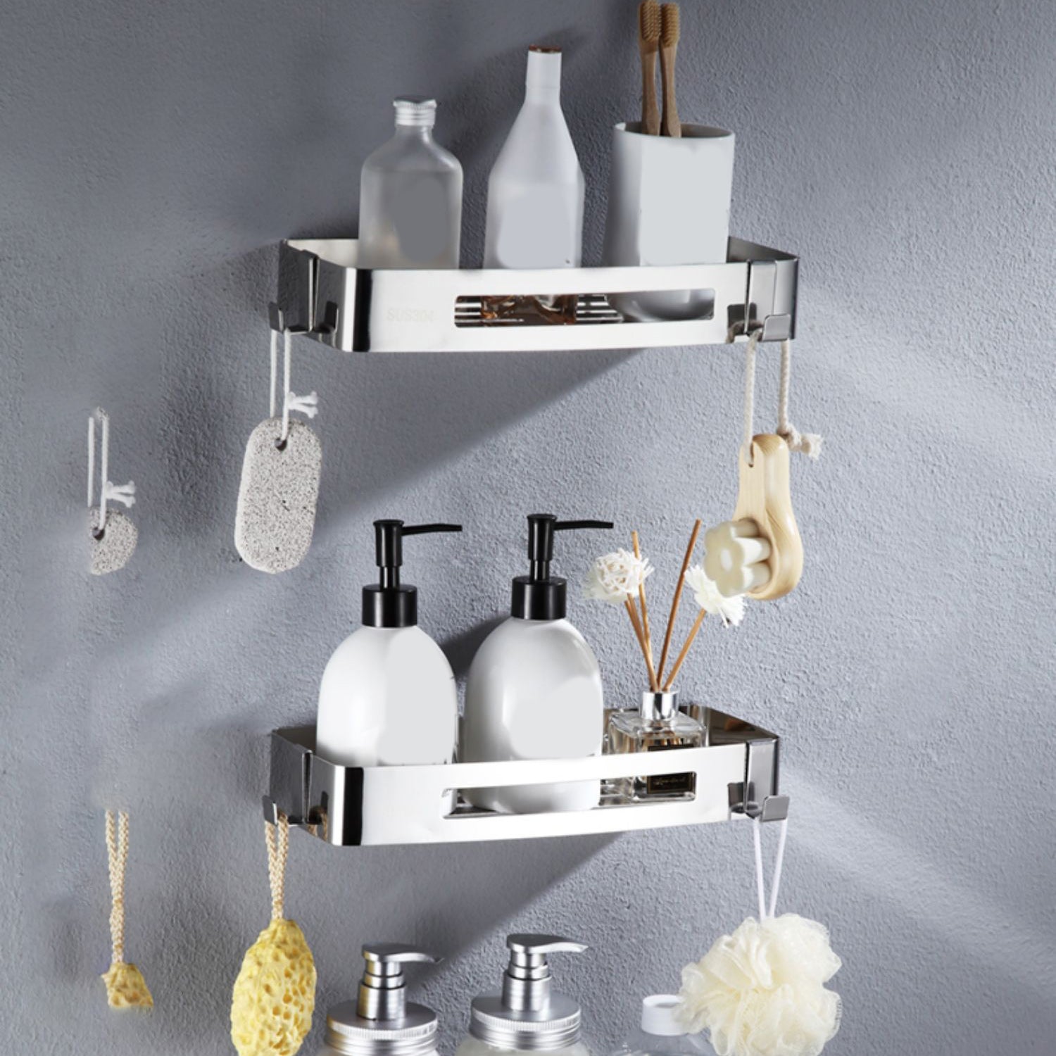 Modern Stainless Steel Bathroom Accessory Set Rectangular & Triangle Bath Shelf