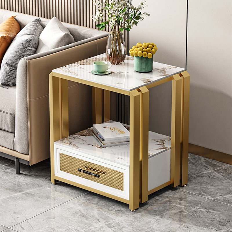 Frame Glam Style Side Table 21.6" Tall Stone Top Side Table with Storage
