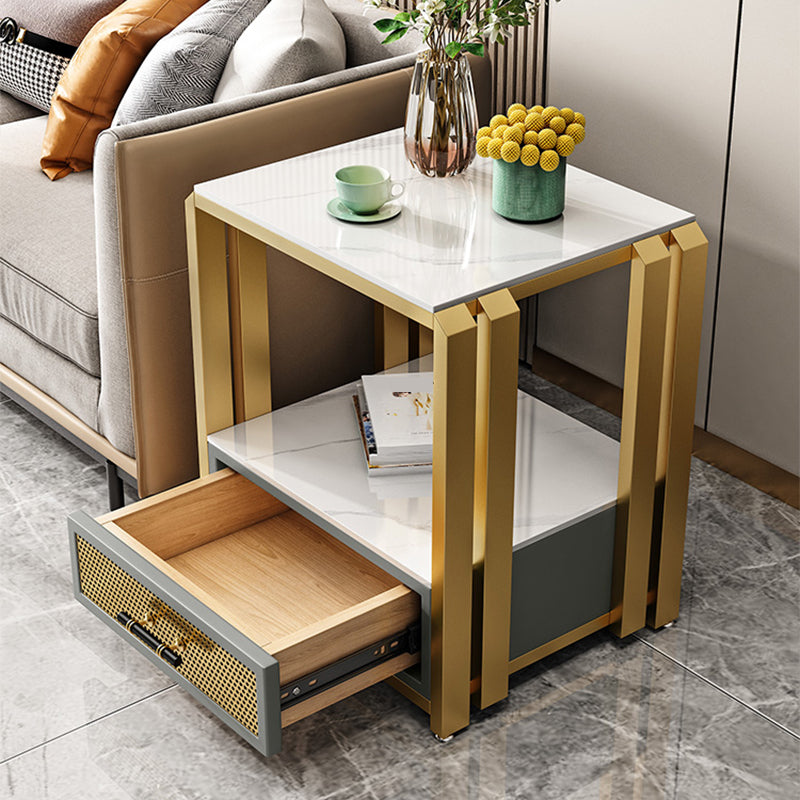 Frame Glam Style Side Table 21.6" Tall Stone Top Side Table with Storage