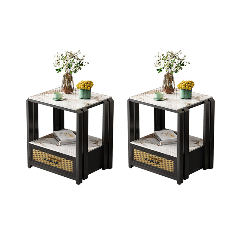 Frame Glam Style Side Table 21.6" Tall Stone Top Side Table with Storage