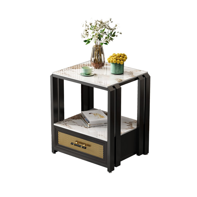 Frame Glam Style Side Table 21.6" Tall Stone Top Side Table with Storage