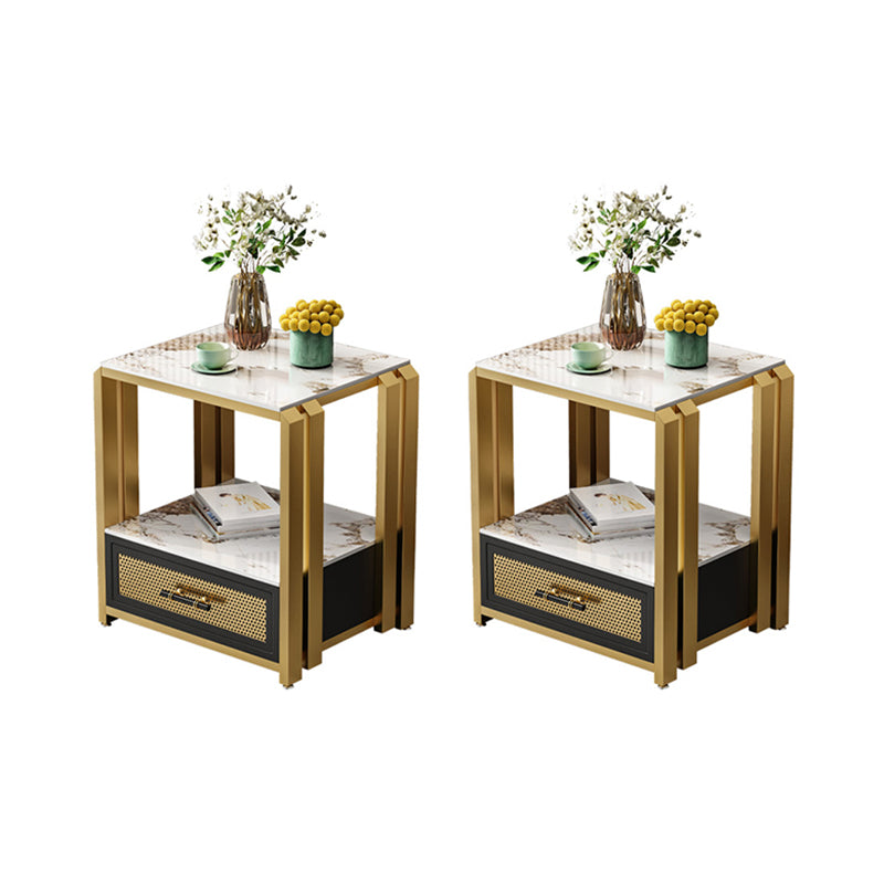 Frame Glam Style Side Table 21.6" Tall Stone Top Side Table with Storage