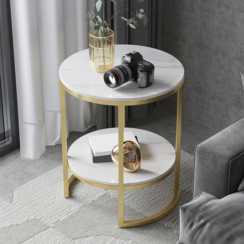 Metal Frame Side End Table Round Stone Top Side Table with Shelf