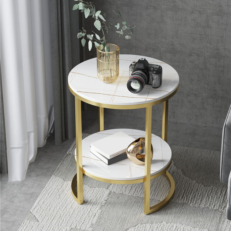 Metal Frame Side End Table Round Stone Top Side Table with Shelf