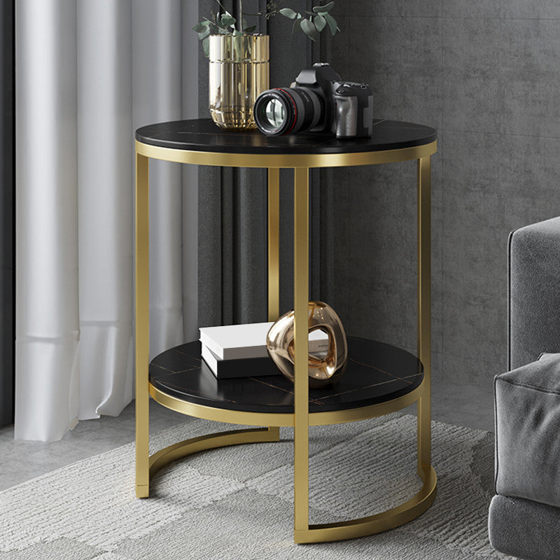 Metal Frame Side End Table Round Stone Top Side Table with Shelf