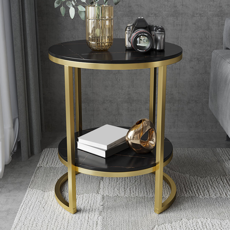 Metal Frame Side End Table Round Stone Top Side Table with Shelf