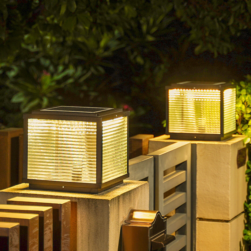 Rectangular Shape Metal Solar Pillar Lamp Modern Style 1 Light Outdoor Lights in Black