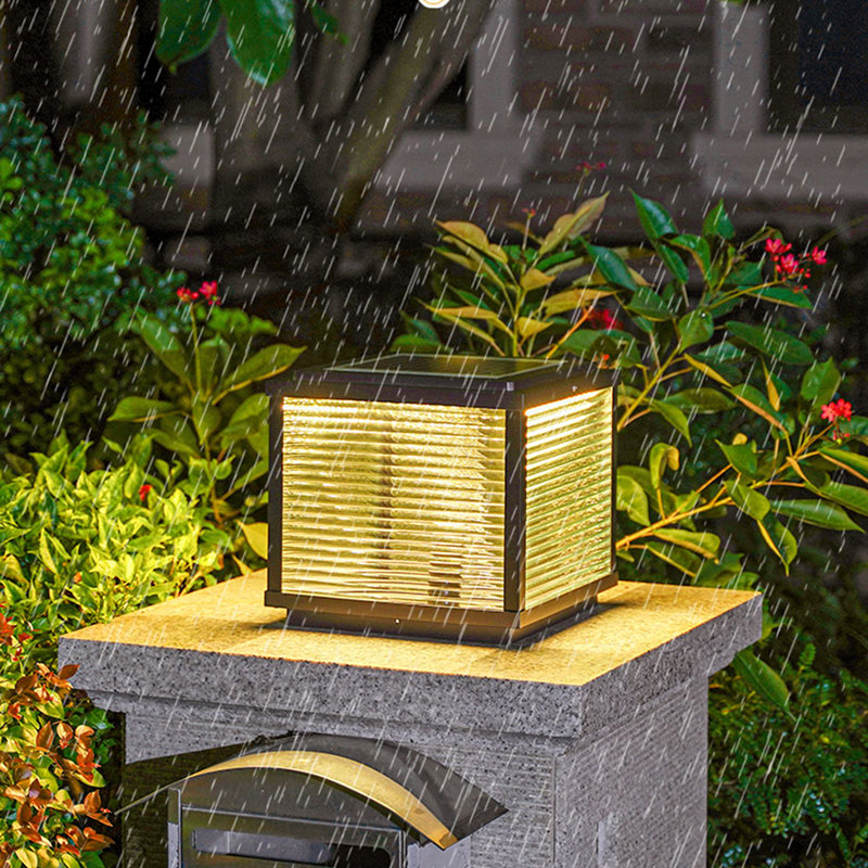 Rectangular Shape Metal Solar Pillar Lamp Modern Style 1 Light Outdoor Lights in Black