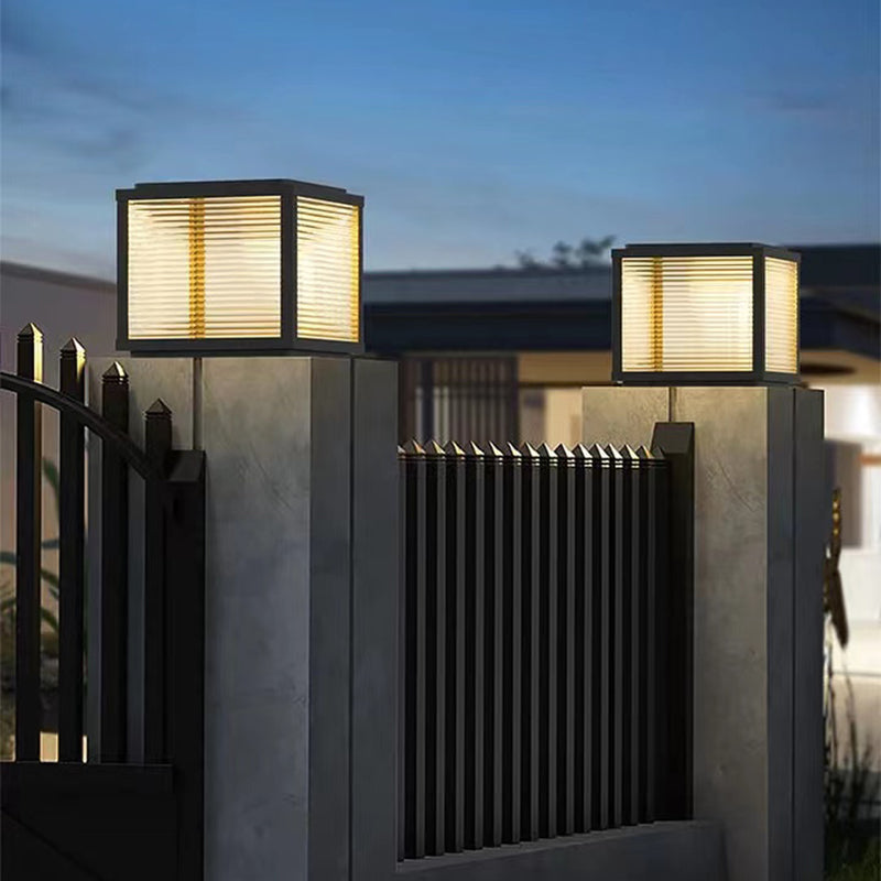 Rectangular Shape Metal Solar Pillar Lamp Modern Style 1 Light Outdoor Lights in Black
